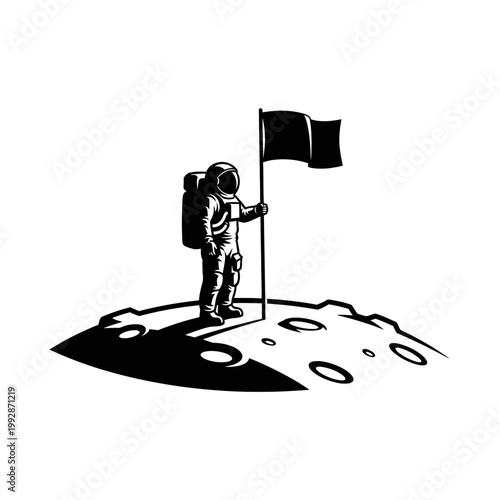 Astronaut planting flag on moon surface, space exploration, discovery, achievement