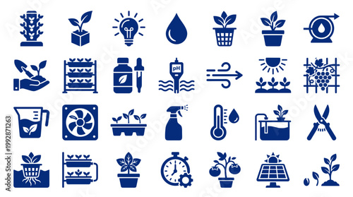 Hydroponic Farming Icons Set Agriculture Technology Plant Growth System Water Cultivation Equipment and Tools Collection