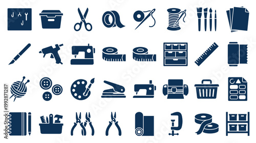 Collection of crafting and sewing tools and supplies, organized icons for creative hobbies and DIY projects, representing a variety of creative activities and handmade crafts