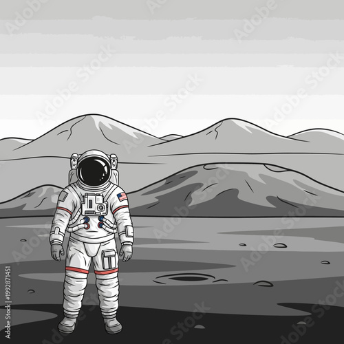Astronaut standing on a desolate alien planet with mountains in the background