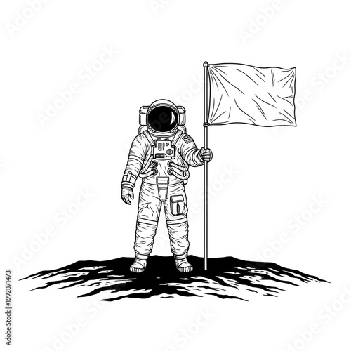 Astronaut standing on moon surface holding flag, space exploration, discovery, achievement