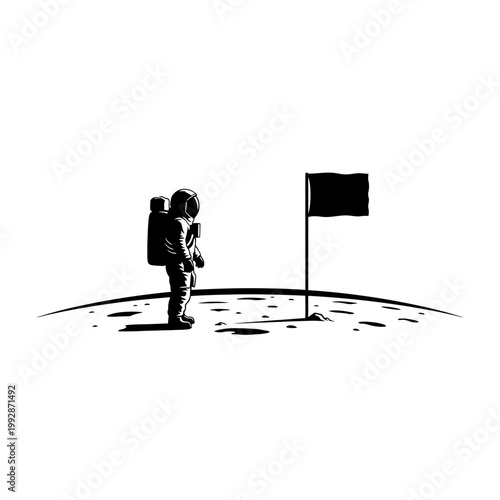 Astronaut standing on moon surface looking at a black flag planted on the desolate lunar landscape