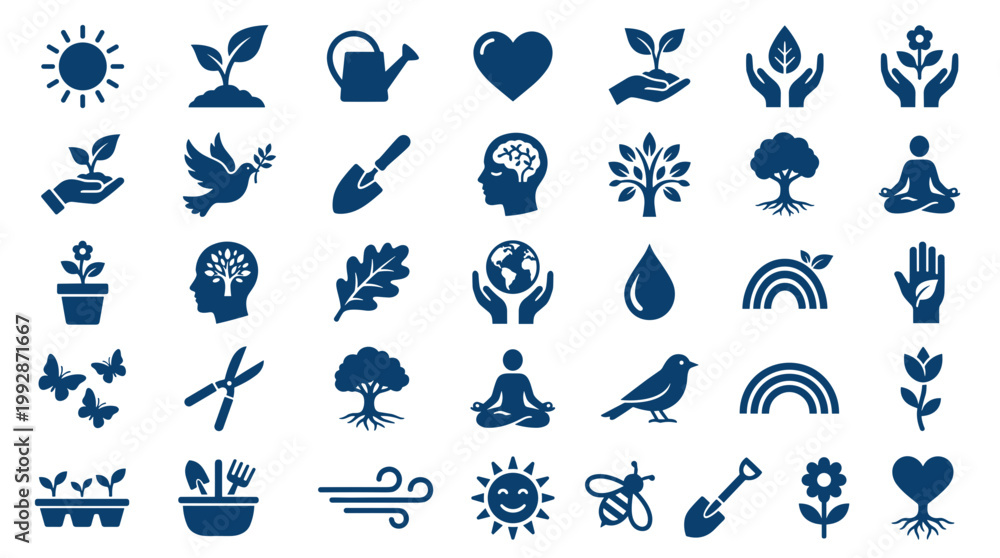 Fototapeta premium Collection of blue nature and environmental icons representing growth, sustainability, and healthy living with symbols of plants, animals, and human well-being