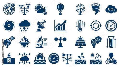 Climate change and weather icons collection representing global warming environmental issues and scientific research concepts