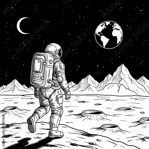 Astronaut walking on moon surface, Earth and moon in starry sky, space exploration