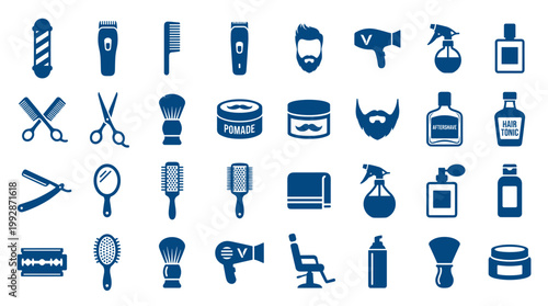 Barber Shop Tools and Accessories Collection Flat Icons Set for Hair Salon and Grooming Services