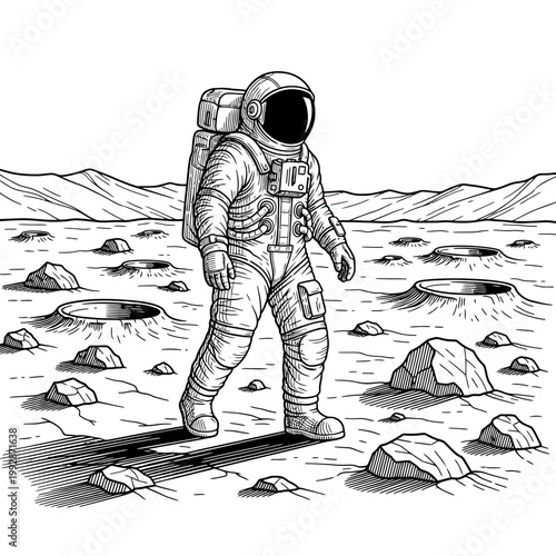 Astronaut walking on the moon surface with craters and mountains in the background, black and white