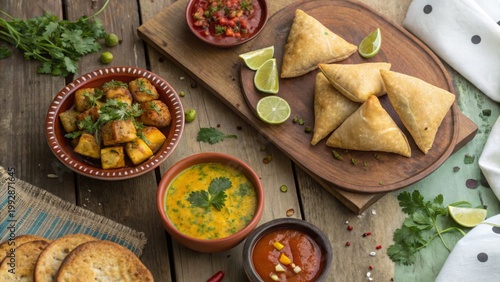 Traditional Indian food spread with samosas, dal soup, pakoras and dipping sauces on rustic wooden table. Top view. Asian cuisine and street food concept.