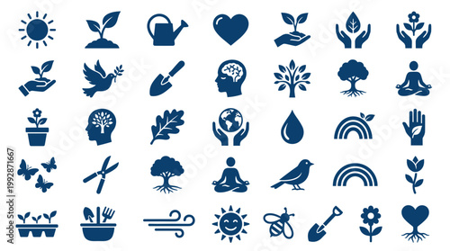 Collection of blue nature and environmental icons representing growth, sustainability, and healthy living with symbols of plants, animals, and human well-being