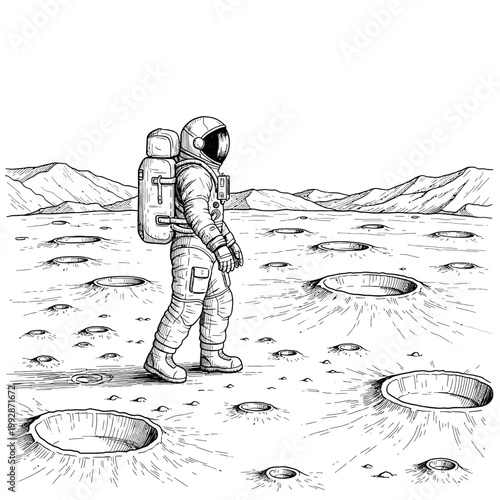 Astronaut walking on the moon surface with craters and mountains in the background