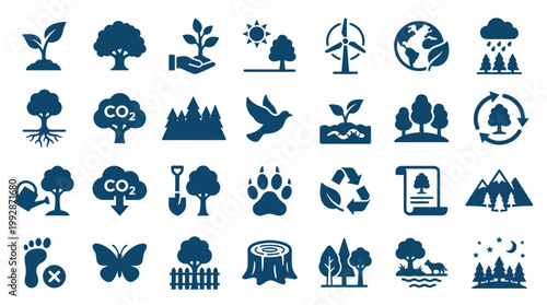Collection of eco friendly nature icons representing conservation sustainability and environmental protection with trees plants animals and renewable energy symbols
