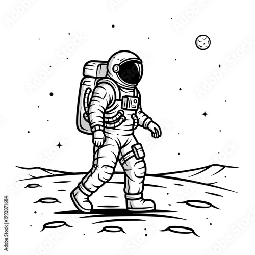 Astronaut walking on the moon surface, exploring outer space, stars and planet in background