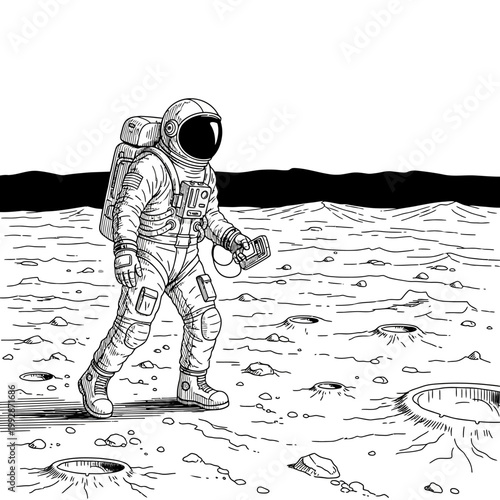 Astronaut walking on the moon surface, exploring craters, space exploration, science, discovery
