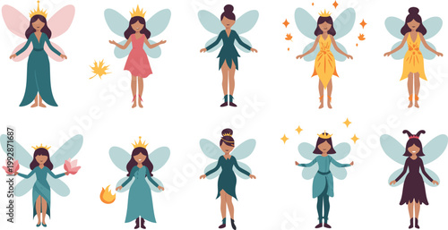 Eight fairies in different colorful dresses and wings standing in two rows on white background