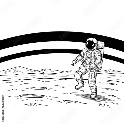 Astronaut walking on the moon surface, exploring the lunar landscape with mountains in background