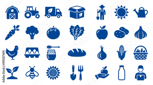 Collection of farm fresh food and agriculture icons representing healthy eating, organic farming, and rural life with simple blue graphics on a white background