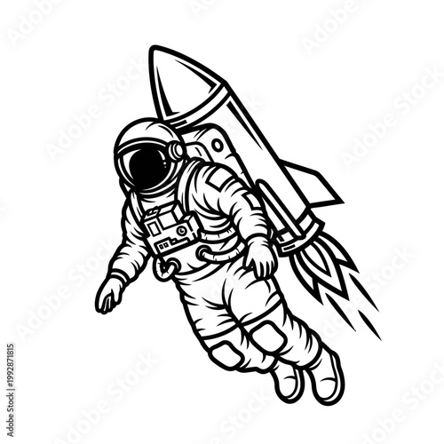 Astronaut with Rocket Pack Flying in Space