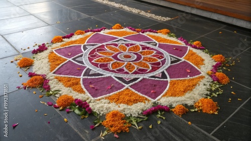 Beautiful traditional Indian rangoli made with colorful flower petals and powder on dark stone floor. Onam Pookalam floral mandala. Festival decoration concept.