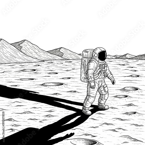 Astronaut exploring desolate moon surface with craters and mountains in background, long shadow