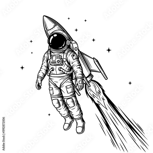 Astronaut Flying with Rocket Pack in Space, Stars Background