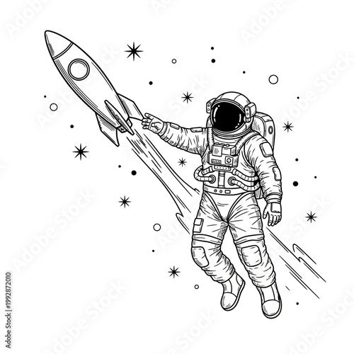 Astronaut holding a rocket in outer space, stars and nebula background, vector illustration