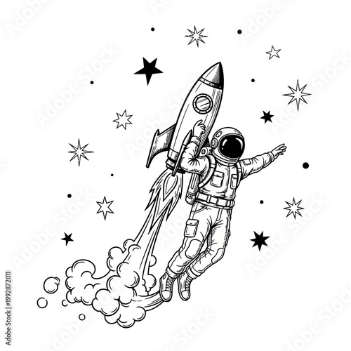 Astronaut Flying with Rocket in Space, Stars Background, Cosmic Adventure