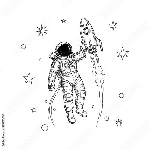 Astronaut holding rocket in space, stars and planets, space exploration, science fiction
