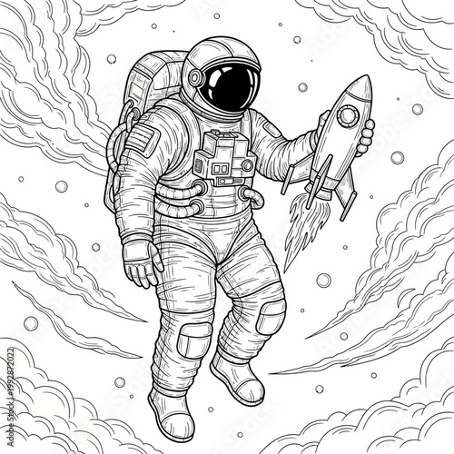 Astronaut Holding Rocket Ship in Space Clouds