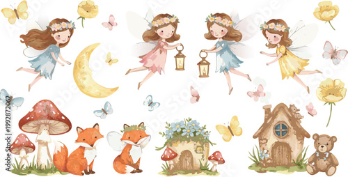 Whimsical illustration of fairies girls and animals in a magical forest with moon and mushrooms