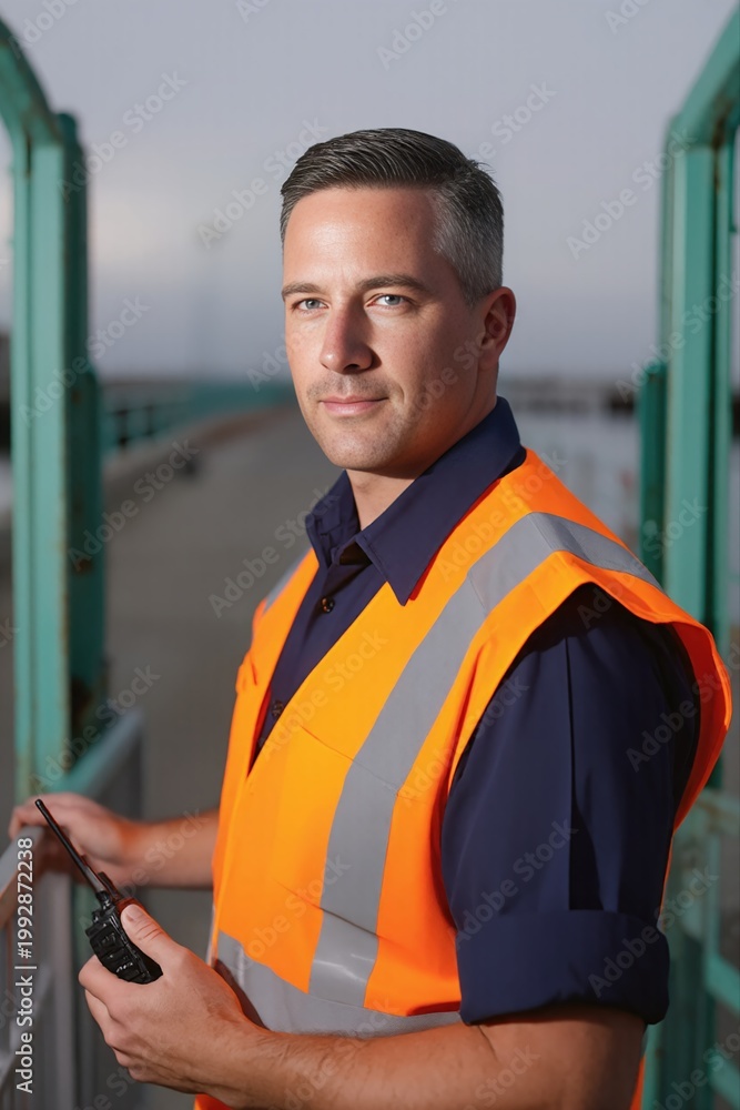 Fototapeta premium Promenade steward at the pier entry wearing a high-visibility safety vest