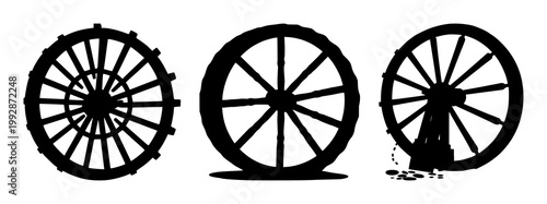 Water wheel set with black silhouette against stark white background featuring engineering, mechanical, historical with industrial and heritage