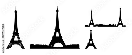Eiffel Tower icon set with solid black silhouette on white background featuring landmark, architecture, tourism with iconic verticality and historic design