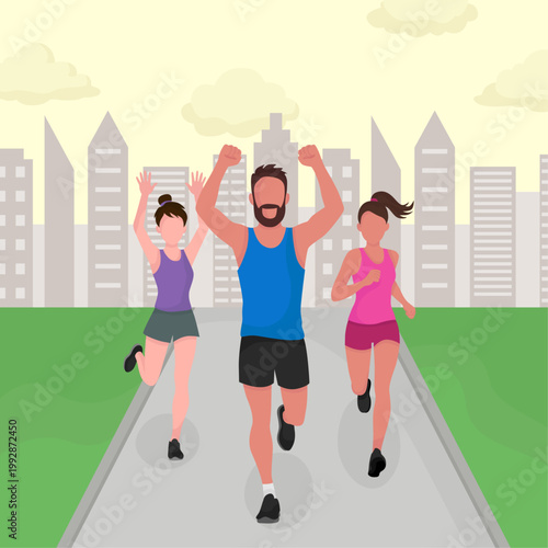 Happy people running marathon in the city park athletes celebrating while runningGroup of joggers exercising