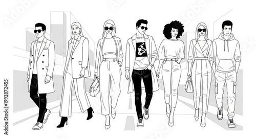 Diverse group of stylish people walking together in fashion forward clothing.