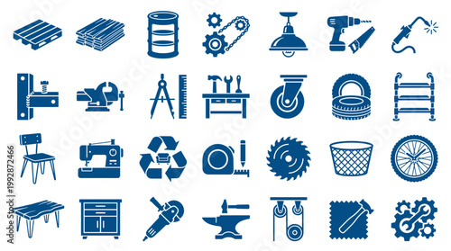 Collection of blue industrial and workshop tools and equipment icons for construction and manufacturing projects