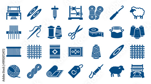 Collection of textile and weaving craft icons representing the art of fabric creation and handmade textile production with tools and materials