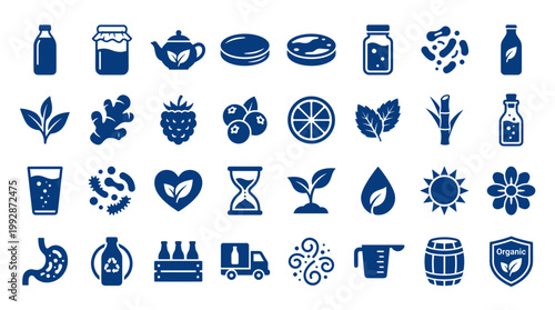 Collection of organic food and health icons representing natural products, healthy lifestyle, and scientific research in blue color
