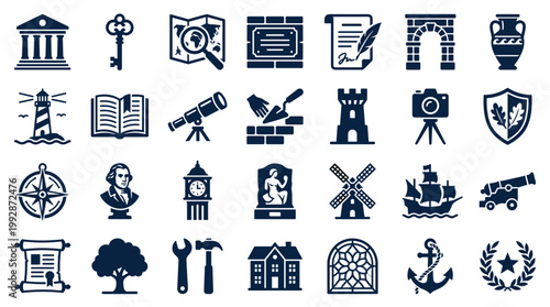 Collection of historical and architectural icons representing landmarks, tools, and symbols of heritage and discovery