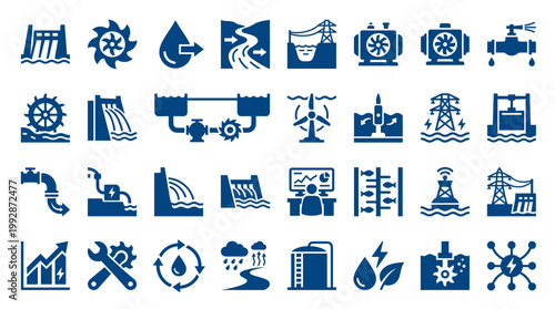 Collection of blue hydroelectric and renewable energy icons representing power generation infrastructure and environmental concepts