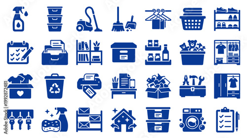 Collection of blue cleaning and organization icons representing home and office management tasks like tidying up, storage, and household chores