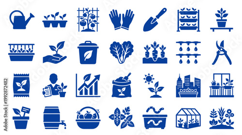 Gardening icons set blue color, plant cultivation, urban farming, organic food production, home gardening, healthy lifestyle, agriculture, and nature elements