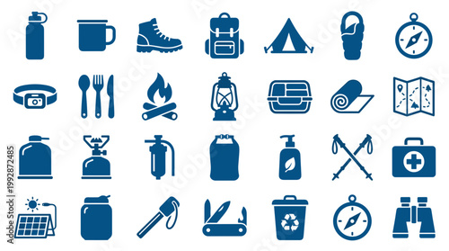 Collection of essential camping and hiking equipment icons for outdoor adventures and travel gear
