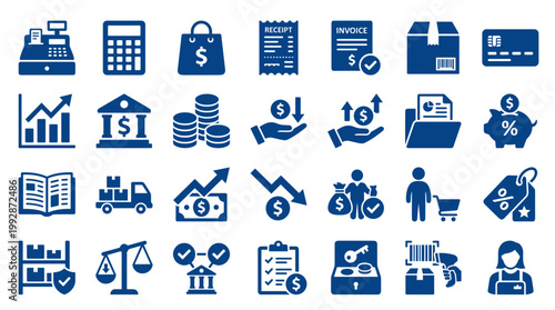 Collection of blue business and finance icons representing commerce, banking, logistics, and retail services on a white background