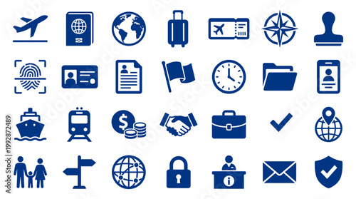 Collection of travel and business icons representing global connectivity, finance, identification, and logistics for modern services