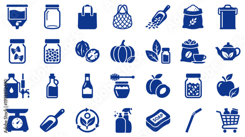 Collection of blue icons representing sustainable living, zero waste, and healthy food choices for eco-friendly lifestyle and organic products