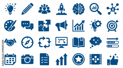 Collection of modern flat icons representing business strategy innovation creativity and success elements for web and graphic design