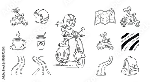 Line art illustration of scooters travel accessories and coffee cups