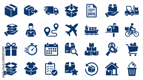 Logistics and Delivery Icons Set Shipping Transportation Services Warehouse Management and E-commerce Concepts