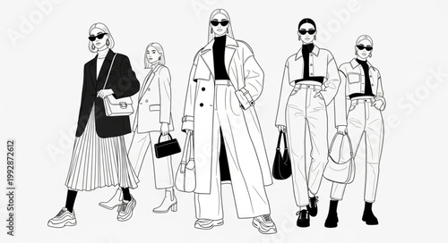 Fashionable people walking together in stylish outfits.