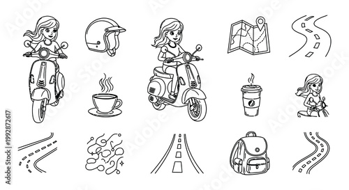 Line art illustration of scooters travel accessories and coffee cups